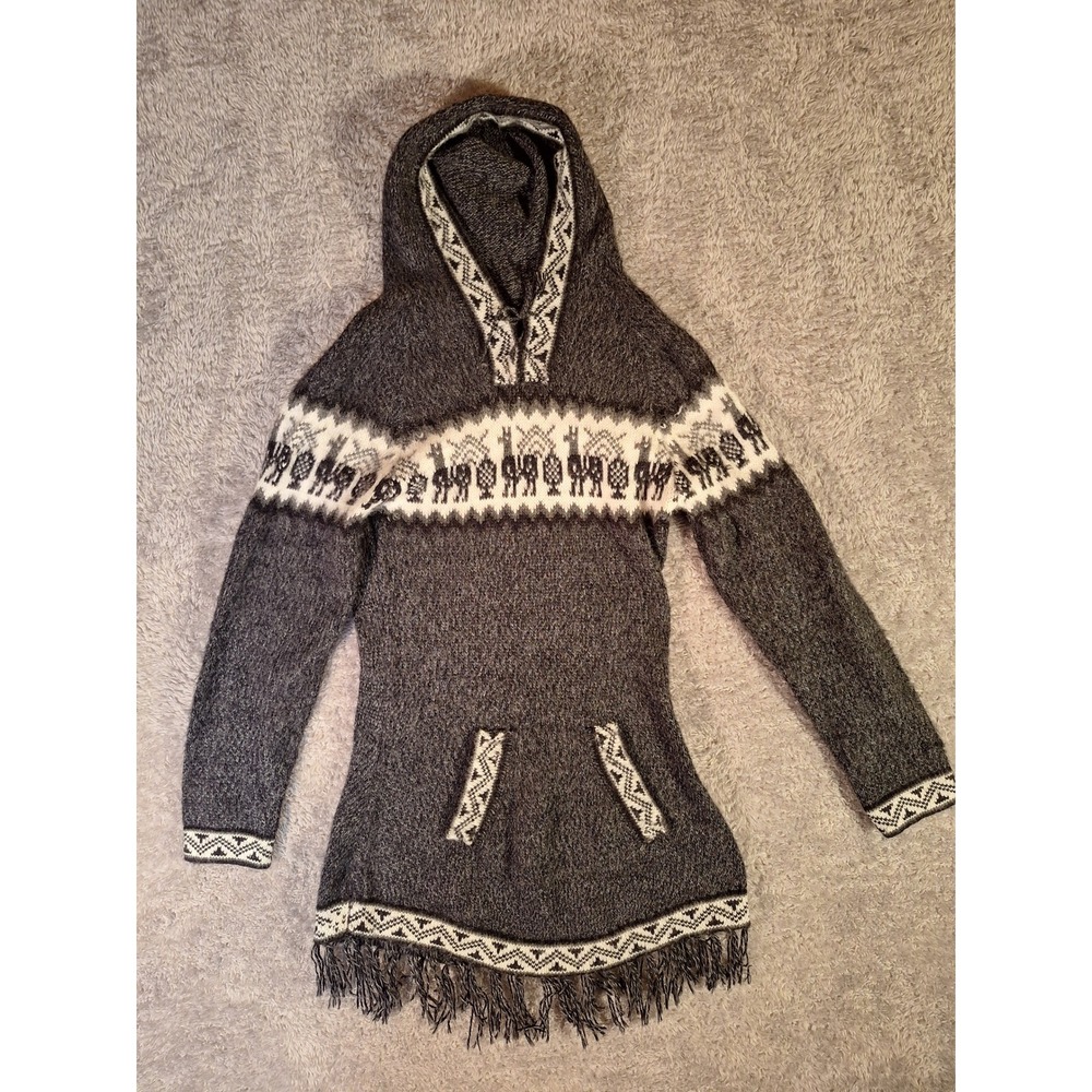 Womens Sweater Hooded 70% Alpaca Llama Blend Navajo Pattern Fringe Gray M L Peru